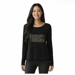 Fiorucci Crystal Rhinestone Logo Long Sleeve Top XS Black Sparkle Tee NWT